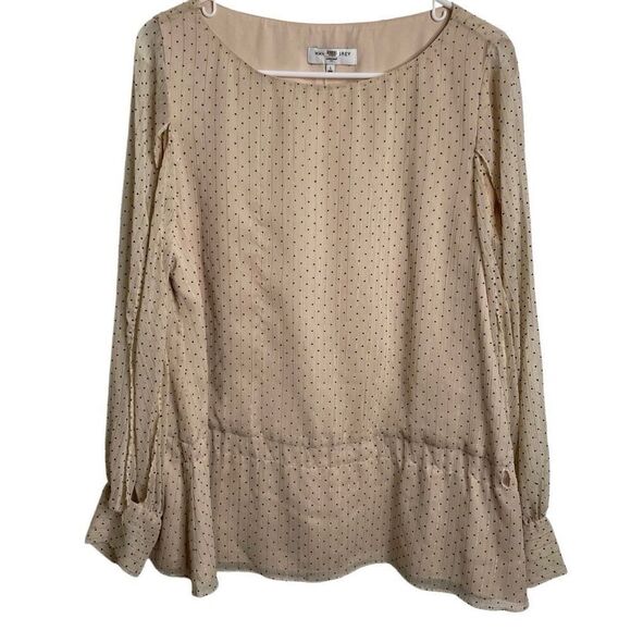 Waverly Grey Womens Split Sleeve Blouse L Beige Black Swiss Dot Layered Business - Picture 1 of 7